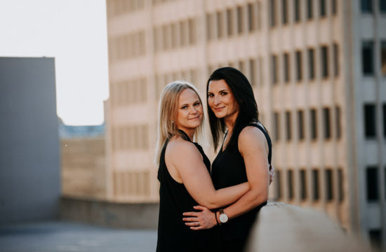 same sex rooftop engagement session in Winnipeg