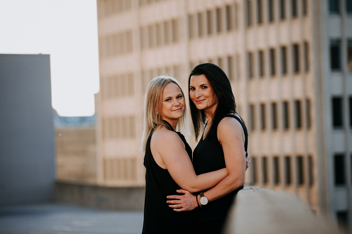 same sex rooftop engagement session in Winnipeg